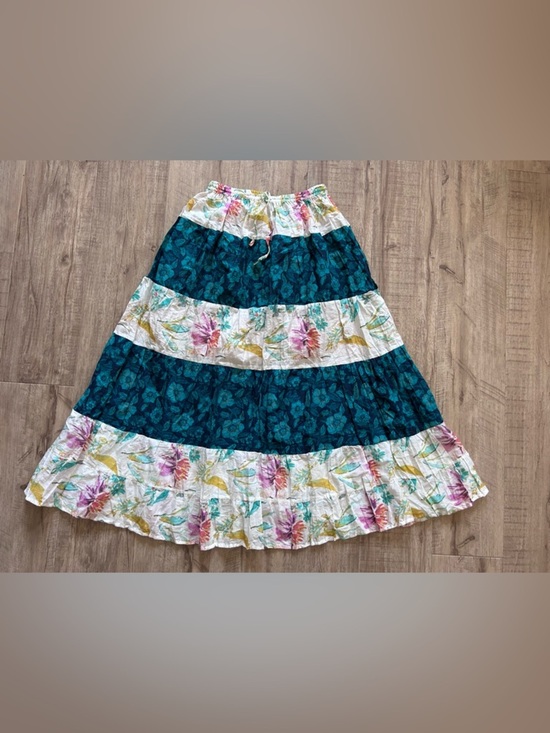 Dresses & Skirts - Bohemian Tiered Floral flower hippy Maxi Skirt - Teal & White summer flowy